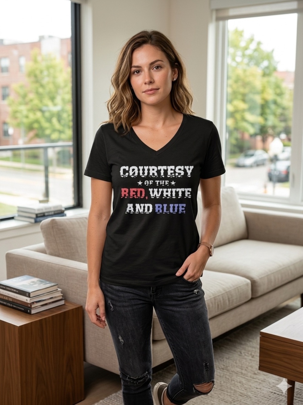 Classic Black Crewneck Top with Patriotic Red White And Blue Graphic On Tee